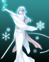  bad_id bad_pixiv_id bleach bleach:_zanpakutou_ibun_hen blue_eyes female hair_ornament highres japanese_clothes katana kimono long_hair outstretched_hand personification ribbon shichiko_(labi) shikai snowflakes sode_no_shirayuki sode_no_shirayuki_(shikai) solo sword weapon white_hair 