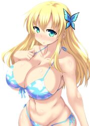  :o bikini blonde_hair blue_bikini blue_eyes blush boku_wa_tomodachi_ga_sukunai breasts bug butterfly butterfly_hair_ornament cleavage commentary_request female front-tie_top hair_ornament huge_breasts ishioto kashiwazaki_sena long_hair shiny_skin side-tie_bikini_bottom simple_background solo swimsuit white_background 