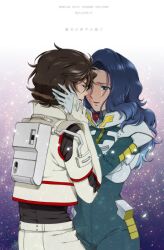  1boy ar_(rikuesuto) banagher_links blue_eyes blue_hair brown_hair closed_eyes commentary_request dark_skin female gundam gundam_unicorn hand_on_another&#039;s_face highres light_particles long_hair loni_garvey painttool_sai_(medium) pilot_suit tears 