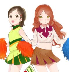  2girls bad_id bad_pixiv_id blush brown_eyes brown_hair cheerleader higebu inazuma_eleven inazuma_eleven_(series) kino_aki long_hair midriff multiple_girls navel photoshop_(medium) pom_pom_(cheerleading) raimon_natsumi short_hair skirt yellow_eyes 