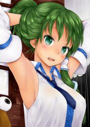  adjusting_hair armpits arms_up between_breasts blue_necktie blush breasts chikado colored_eyelashes commentary covered_nipples detached_sleeves female green_eyes green_hair hair_ornament hair_tubes hands_in_hair kochiya_sanae large_breasts long_hair nape necktie no_bra open_mouth outdoors ponytail pyonta rain ringed_eyes see-through see-through_silhouette shirt sideboob solo teeth touhou tying_hair upper_body upper_teeth_only wet wet_clothes window 