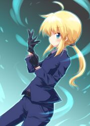  ahoge artoria_pendragon_(fate) ayakashi_(monkeypanch) bad_id bad_pixiv_id belt black_gloves blonde_hair blush dutch_angle fate/stay_night fate/zero fate_(series) female formal gloves highres long_hair pant_suit pants ponytail saber_(fate) suit 