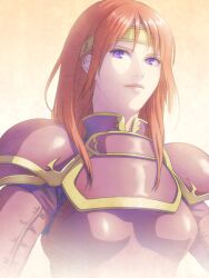  armor commentary_request female fire_emblem fire_emblem:_shadow_dragon_and_the_blade_of_light gold_trim headband kinoeneko long_hair looking_at_viewer minerva_(fire_emblem) pink_armor purple_eyes red_hair shoulder_armor shoulder_pads smile solo yellow_headband 