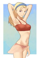  alternate_hairstyle antenna_hair armpits arms_up bad_id bad_pixiv_id bikini blonde_hair brown_eyes female hair_down kanzuki_karin long_hair navel ogros pink_sarong red_bikini sarong see-through see-through_sarong solo street_fighter street_fighter_zero_(series) swimsuit 