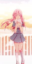  closed_eyes commentary_request female gasai_yuno highres kneehighs kousetsu long_hair mirai_nikki pink_hair school_uniform skirt smile socks solo white_socks 