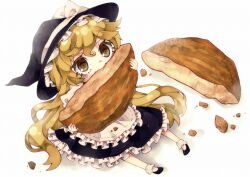  apron bad_id bad_pixiv_id blonde_hair bobby_socks chibi cookie dress eating female food from_above full_body hat hat_ribbon holding kirisame_marisa kyouda_suzuka lace long_hair mini_person minigirl oerba_yun_fang ribbon shoes sitting socks solo touhou waist_apron white_background white_socks witch_hat yellow_eyes 