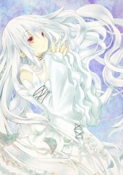  colored_eyelashes commentary_request detached_sleeves dress female lampnote17 long_hair own_hands_together pandora_hearts red_eyes sleeves_past_wrists solo very_long_hair white_hair white_theme will_of_the_abyss 