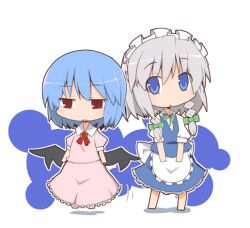  2girls blue_eyes blue_hair chibi commentary_request grey_hair izayoi_sakuya ladfa maid maid_headdress multiple_girls photoshop_(medium) red_eyes remilia_scarlet short_hair touhou wings 