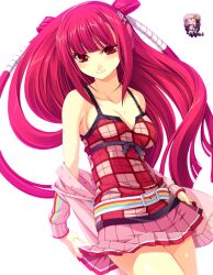  bare_shoulders beatmania_iidx belt blush breasts camisole cleavage female hair_tubes headphones kinoshita_ichi long_hair medium_breasts multicolored_stripes pink_hair plaid red_eyes sideboob skirt smile solo star_(symbol) star_print striped transparent_background two_side_up umegiri_ameto undressing 