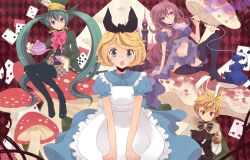  1boy 3girls alice_(alice_in_wonderland) alice_(alice_in_wonderland)_(cosplay) alice_in_wonderland animal_ears apron bad_id bad_pixiv_id blonde_hair blue_eyes boots bow bowtie card castle caterpillar_(alice_in_wonderland) checkered_background cosplay cup dress green_hair hair_ribbon hat hatsune_miku hookah kagamine_len kagamine_rin long_hair mad_hatter_(alice_in_wonderland) mad_hatter_(alice_in_wonderland)_(cosplay) megurine_luka multiple_girls mushroom oluha open_mouth pink_hair pocket_watch purple_eyes rabbit_ears red_eyes ribbon short_hair sitting smile smoking teacup teapot thigh_boots thighhighs twintails very_long_hair vocaloid watch white_rabbit_(alice_in_wonderland) white_rabbit_(alice_in_wonderland)_(cosplay) 