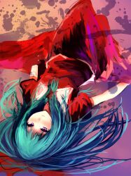  commentary_request dress female front_ponytail green_hair hair_ornament hair_ribbon kagiyama_hina long_hair looking_at_viewer lying metalwasabi on_back photoshop_(medium) purple_eyes red_dress ribbon smile solo touhou 