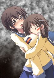  2girls :o ^_^ bad_id bad_pixiv_id between_breasts blush blush_stickers breasts brown_eyes brown_hair closed_eyes corpse_party curly_hair hair_ornament hairclip hazuki_haru head_between_breasts hug large_breasts long_hair multiple_girls nakashima_naomi photoshop_(medium) school_uniform shinohara_seiko short_hair skirt yuri 