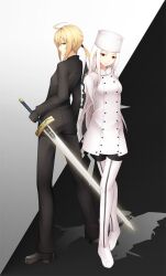  ahoge artoria_pendragon_(all) back-to-back bad_id bad_pixiv_id banned_artist black_gloves black_legwear blonde_hair boots excalibur fate/zero fate_(series) formal fur_hat gloves hat highres irisviel_von_einzbern kyoeiki long_hair multiple_girls pant_suit pantyhose ponytail red_eyes saber suit sword thigh_boots thighhighs weapon white_hair 