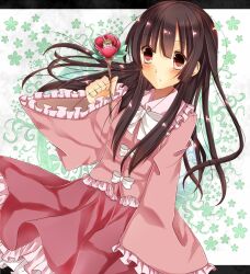  bad_id bad_pixiv_id black_hair blush brown_eyes female flower houraisan_kaguya long_hair saijou_haruki sleeves_past_wrists solo touhou 