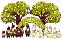  bear bride collet groom lowres no_humans original pixel_art rabbit transparent_background tree wedding 