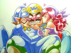  2boys anei bandana blush brothers captain_syrup commentary_request double_cheek_kiss earrings eyeliner facial_hair female hat jewelry kissing kissing_cheek long_hair long_nose makeup mario_(series) marker_(medium) moustache multiple_boys overalls red_hair sandwiched sash siblings traditional_media waluigi wario wario_land wario_land:_shake_it! 