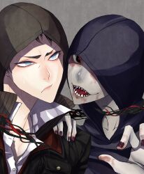  alex_mercer black_eyes blood blue_eyes brown_hair crossover frown grin highres hood hoodie hunter_(left4dead) jacket left_4_dead multicolored_eyes multiple_boys prototype_(game) red_eyes short_hair smile teeth zombie 