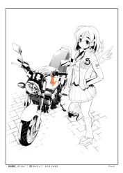  bakuon!! commentary_request female greyscale helmet honda honda_cb400 honda_cb400sf loose_socks monochrome motor_vehicle motorcycle orimoto_mimana pleated_skirt sakura_hane short_hair skirt smile socks solo spot_color 