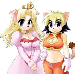  5_fingers alicia_pris anthro armband arms_bent arms_by_side bent_arm big_breasts black_hair black_nose blonde_hair blue_eyes blush bottomwear breasts brown_body brown_fur brown_tail_tip canid canine caninu canis cleavage cleavage_cutout closed_frown closed_smile clothed clothing crown cutout cyberconnect2 dipstick_tail domestic_cat domestic_dog dorimushi dress duo felid feline felineko felis female fingers frown fur gloves hair hand_on_hip hand_on_own_hip hands_together handwear headgear holding_hips humanoid_hands jewelry little_tail_bronx looking_at_viewer mammal markings midriff mouth_closed multicolored_tail navel necklace pants princess_terria short_hair simple_background smile standing straight_arm tail tail_concerto tail_markings tan_body tan_fur white_background ドリムシ 