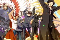  6+boys 6+girls ahoge armor artoria_pendragon_(fate) assassin_(fate/zero) berserker_(fate/zero) blonde_hair cape carnival_phantasm chair commentary_request confetti cross dancing diarmuid_ua_duibhne_(lancer)_(fate) emiya_kiritsugu everyone fate/zero fate_(series) food formal gilgamesh_(fate) gilles_de_rais_(caster)_(fate) headdress hisau_maiya hood irisviel_von_einzbern iskandar_(fate) kayneth_el-melloi_archibald kotomine_kirei kotomine_risei long_coat mapo_tofu matou_kariya multiple_boys multiple_girls muscular native_american_headdress necktie parody red_hair saber_(fate) sola-ui_nuada-re_sophia-ri sparkle suit super_affection ten_(kisako) throne tohsaka_aoi tohsaka_tokiomi uryuu_ryuunosuke waver_velvet 