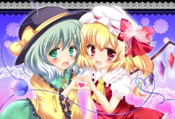  2girls ascot bad_id bad_pixiv_id blonde_hair dress eyeball flandre_scarlet frills green_eyes green_hair hat hat_ribbon heart heart_hands heart_hands_duo komeiji_koishi looking_at_viewer multiple_girls open_mouth photoshop_(medium) red_eyes ribbon rikatan short_hair side_ponytail skirt smile third_eye touhou wide_sleeves wings 