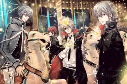  4boys alaudi blonde_hair brown_hair cape carousel ciel1533 commentary daemon_spade fire g_(reborn) giotto_(reborn) gloves grey_hair horse katekyo_hitman_reborn! male_focus multiple_boys photoshop_(medium) yellow_eyes 