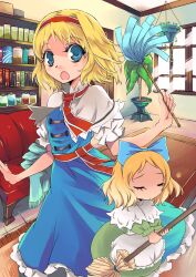  alice_margatroid apron bad_id bad_pixiv_id blonde_hair blue_eyes book bookshelf box broom capelet carpet closed_eyes commentary_request couch doll dress duster female hairband holding jar lace open_mouth photoshop_(medium) plant sash short_hair solo touhou vase window yuu_(kfc) 