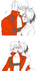  &aring;kami amaterasu animal_ears blush capcom couple crossover dante devil_may_cry hand_on_head highres kissing lyn_(shunao) marvel marvel_vs._capcom marvel_vs._capcom_3 marvel_vs_capcom marvel_vs_capcom_3 okami okami personification shunao surprised white_hair 