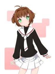  ahoge blush brown_hair cardcaptor_sakura female green_eyes hair_bobbles hair_ornament highres kinomoto_sakura photoshop_(medium) pleated_skirt school_uniform short_hair short_twintails shouji_ayumu skirt smile solo tomoeda_elementary_school_uniform twintails white_skirt 