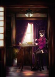  black_hair black_thighhighs blue_eyes brown_hair chinese_commentary commentary fate/stay_night fate_(series) female indoors jianren long_hair long_legs scenery solo tea teapot thighhighs tohsaka_rin turtleneck twintails two_side_up window zettai_ryouiki 