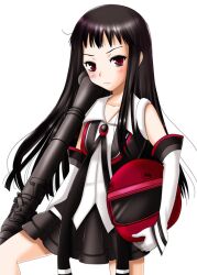  ar_tonelico ar_tonelico_ii black_hair blush commentary elbow_gloves female gloves helmet inumori_sayaka jakuri_(ar_tonelico) long_hair red_eyes rocket_launcher solo tokusatsu unworn_headwear unworn_helmet weapon 