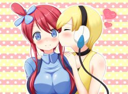  2girls blonde_hair blue_eyes blue_jacket blush breasts closed_eyes commentary_request elesa_(pokemon) hair_ornament headphones heart jacket kissing large_breasts multiple_girls pokemon pokemon_bw red_hair skyla_(pokemon) tamago_kago yuri 