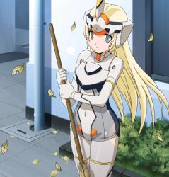  android arnval blonde_hair broom busou_shinki female grey_eyes leaf long_hair non-web_source otomedius otomedius_excellent sidewalk solo sweeping 