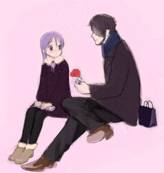  1boy bad_id bad_pixiv_id beard coat dress facial_hair father_and_daughter female flower higebu inazuma_eleven inazuma_eleven_(series) kudou_fuyuka kudou_michiya long_hair pantyhose purple_eyes purple_hair red_flower red_rose rose sitting smile 