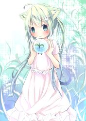  :&gt; absurdres ahoge animal_ears aqua_eyes bad_id bad_pixiv_id ball blush cat_ears cat_tail female fish_bone green_hair hair_ornament highres holding long_hair original plant sakuraba_hikaru_(loveindog) shirt skirt smile solo tail twintails 