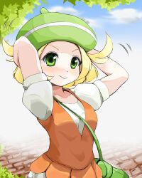  bag beret bianca_(pokemon) blonde_hair blush commentary_request female green_eyes hat looking_at_viewer outdoors pokemon pokemon_bw rakkogawa_rinro short_hair shoulder_bag smile solo 