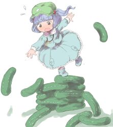  bad_id bad_pixiv_id black_hair blue_eyes blush cucumber falling female hair_bobbles hair_ornament hat highres hozumiare jewelry kawashiro_nitori key mini_person minigirl necklace open_mouth outstretched_arms pendant shirt skirt skirt_set solo stacking touhou two_side_up wavy_mouth 