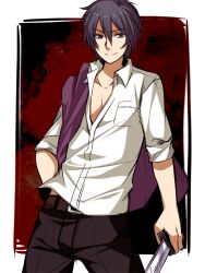  1boy bad_id bad_pixiv_id black_eyes black_hair corpse_party jacket jacket_over_shoulder kizami_yuuya knife male_focus photoshop_(medium) school_uniform solo unworn_jacket yukishiro_(s_kiss) 