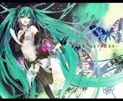  :o absurdly_long_hair barefoot bridal_gauntlets bug butterfly center_opening character_name commentary_request feet female green_eyes green_hair hand_on_own_chest hatsune_miku hatsune_miku_(append) highres letterboxed long_hair nail_polish navel necktie noka_(blackheart1118) open_mouth solo thighhighs toenail_polish toenails twintails very_long_hair vocaloid vocaloid_append 