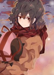  1boy akishima_kei bad_id bad_pixiv_id blush brown_eyes brown_hair coat gift holding holding_gift inazuma_eleven_(series) inazuma_eleven_go male_focus mittens ribbon scarf shindou_takuto solo 