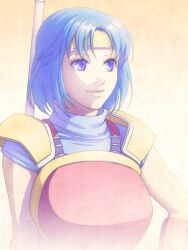  armor blue_eyes blue_hair catria_(fire_emblem) commentary_request female fire_emblem fire_emblem:_mystery_of_the_emblem headband kinoeneko short_hair smile solo staff 