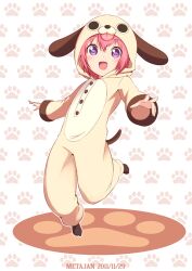  :d akaza_akari animal_costume buttons commentary_request costume dog_costume female k-suwabe leg_up open_mouth purple_eyes red_hair smile solo yuru_yuri 