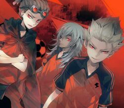  3boys ball black_soccer_ball blonde_hair brown_hair cape ciel1533 commentary_request crossed_arms dreadlocks dutch_angle goggles goggles_on_head gouenji_shuuya grey_hair inazuma_eleven inazuma_eleven_(series) kidou_yuuto multiple_boys ponytail red_eyes sakuma_jirou soccer_ball 