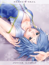  arm_up blue_eyes blue_hair blush breasts character_name cleavage commentary_request copyright_name dated fairy_tail female juvia_lockser large_breasts lying natto-mochi on_back snowflakes solo strap_slip upside-down 