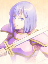  armor blue_eyes blue_hair breastplate commentary_request female fire_emblem fire_emblem:_shadow_dragon_and_the_blade_of_light holding holding_sword holding_weapon kinoeneko looking_at_viewer midia_(fire_emblem) red_shirt shirt short_hair shoulder_armor shoulder_pads solo sword weapon 