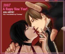  1boy 2007 ada_wong asia_airport bare_shoulders black_hair blonde_hair bomber_jacket choker closed_eyes commentary_request couple dress female fingerless_gloves gloves hand_on_another&#039;s_chin happy_new_year imminent_kiss jacket leon_s._kennedy lips new_year red_dress resident_evil resident_evil_4 short_hair straight 