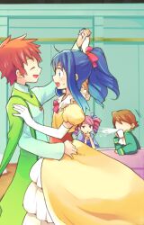  1boy 3girls ^_^ androgynous bad_id bad_pixiv_id blush closed_eyes commentary_request dancing dawn_(contest)_(pokemon) dawn_(pokemon) dress drill_hair hand_on_another&#039;s_shoulder hand_on_own_hip holding_hands interlocked_fingers kenny_(pokemon) mogawa multiple_girls no_eyes photoshop_(medium) pokemon pokemon_(anime) pokemon_dppt_(anime) ponytail reverse_trap short_hair spit_take spitting surprised sweatdrop twin_drills twintails ursula_(pokemon) yuri zoey_(pokemon) 