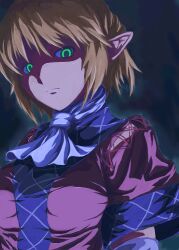  arm_warmers ascot bad_id bad_pixiv_id blonde_hair breasts dark female glowing glowing_eyes green_eyes looking_down medium_breasts mizuhashi_parsee pointy_ears shaded_face short_hair simple_background solo touhou tsukira_(amayadori) upper_body 