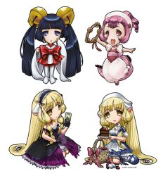  4girls basket black_hair blonde_hair cake chibi chii chobits commentary_request food freya_(chobits) full_body instrument julia_lichty kotoko_(chobits) long_hair multiple_girls pink_eyes pink_hair purple_eyes sumomo_(chobits) transparent_background twintails watermark web_address yellow_eyes 