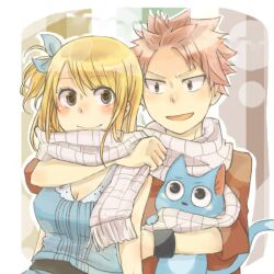  1boy arm_around_neck blonde_hair blush breasts cleavage commentary_request couple erinan fairy_tail feline female happy_(fairy_tail) hug lucy_heartfilia medium_breasts natsu_dragneel one_side_up photoshop_(medium) pink_hair scarf shared_clothes shared_scarf smile straight 